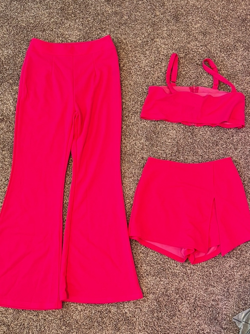 Hot Pink Three-Piece Set — Bralette, High-Waist Flare Pants & Skort